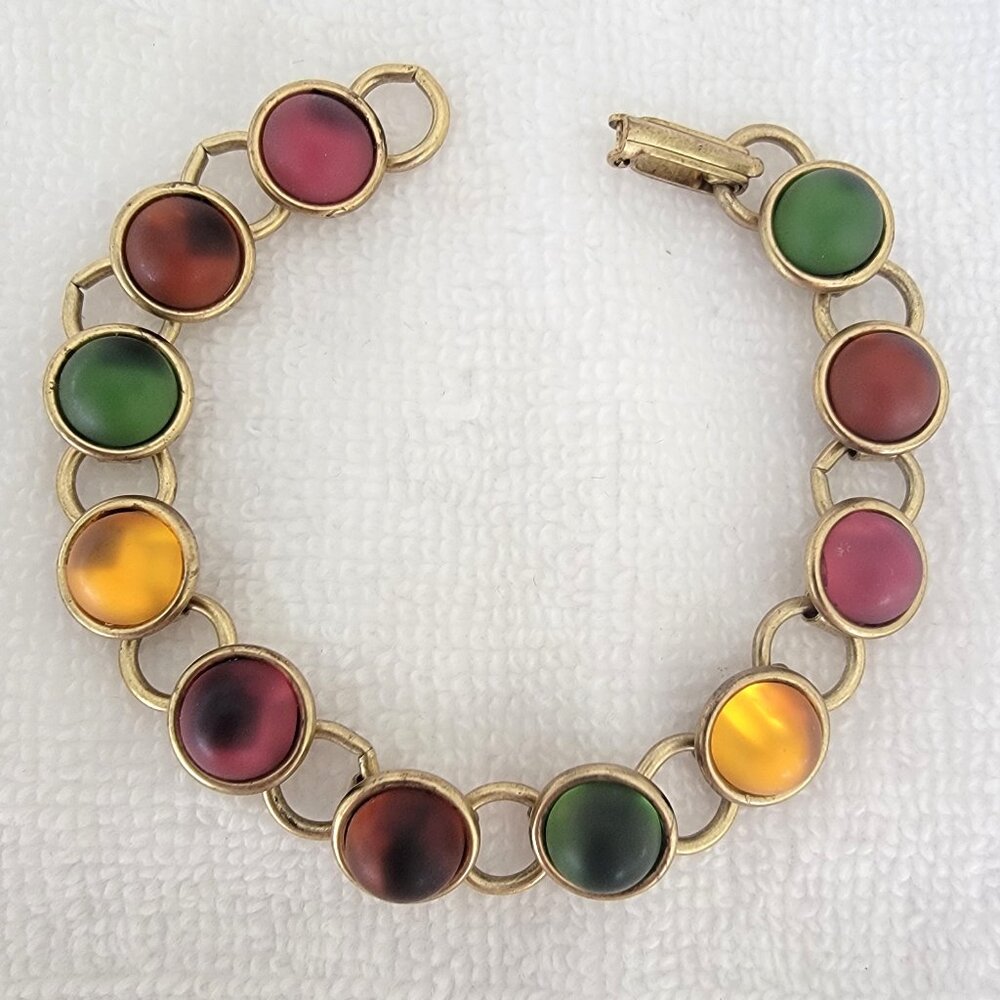 GLOWING GLASS CABOCHON GOLD TONE BRACELET MULTICOLOR NEW